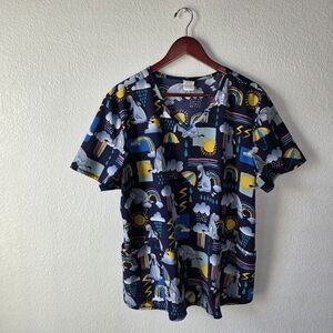 Disney Eeyore Blue Scrub Top Rainbow Sunshine Storm Cloud Print Size 2XL